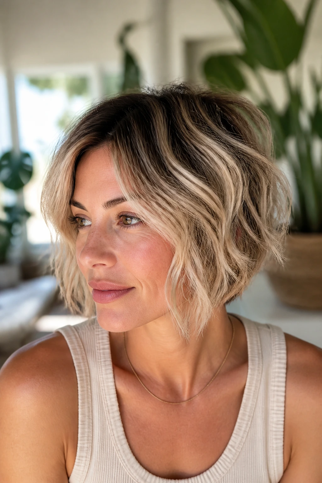 Close-up of short shag bob with beige balayage on a real woman