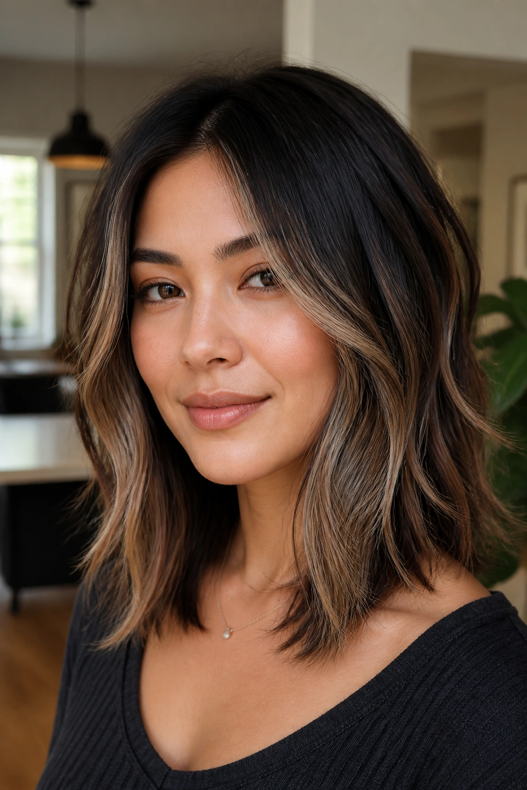 Close-up of a real person with shoulder-length layered black hair featuring beige balayage highlights
