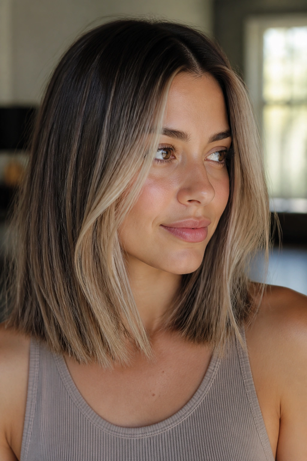 Close-up portrait of a real woman with soft beige ribbon balayage on straight hair in natural window light