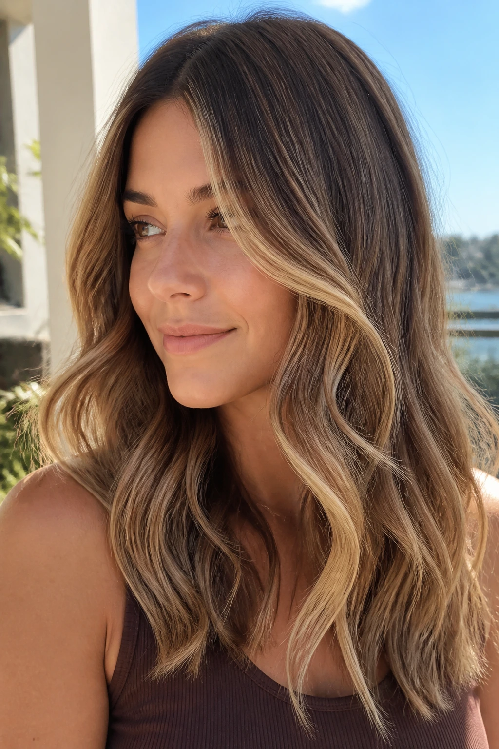 Close-up of medium brown hair with dimensional beige waves