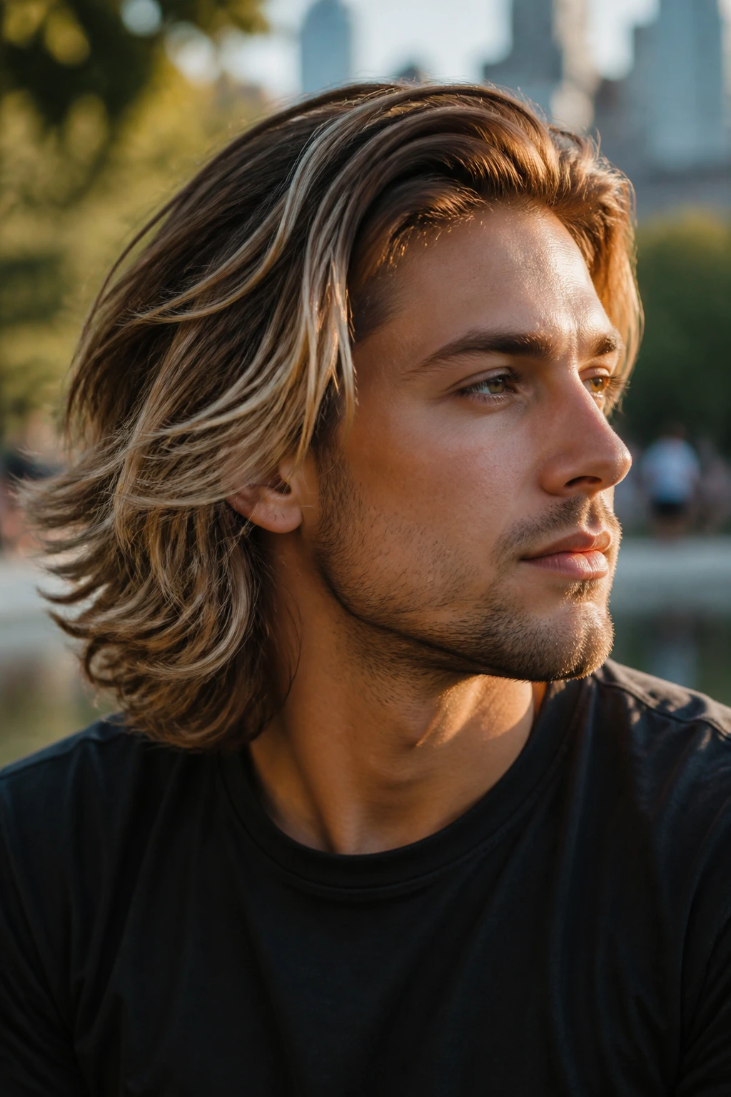 Close-up of a man with beige-blond balayage on a bro flow