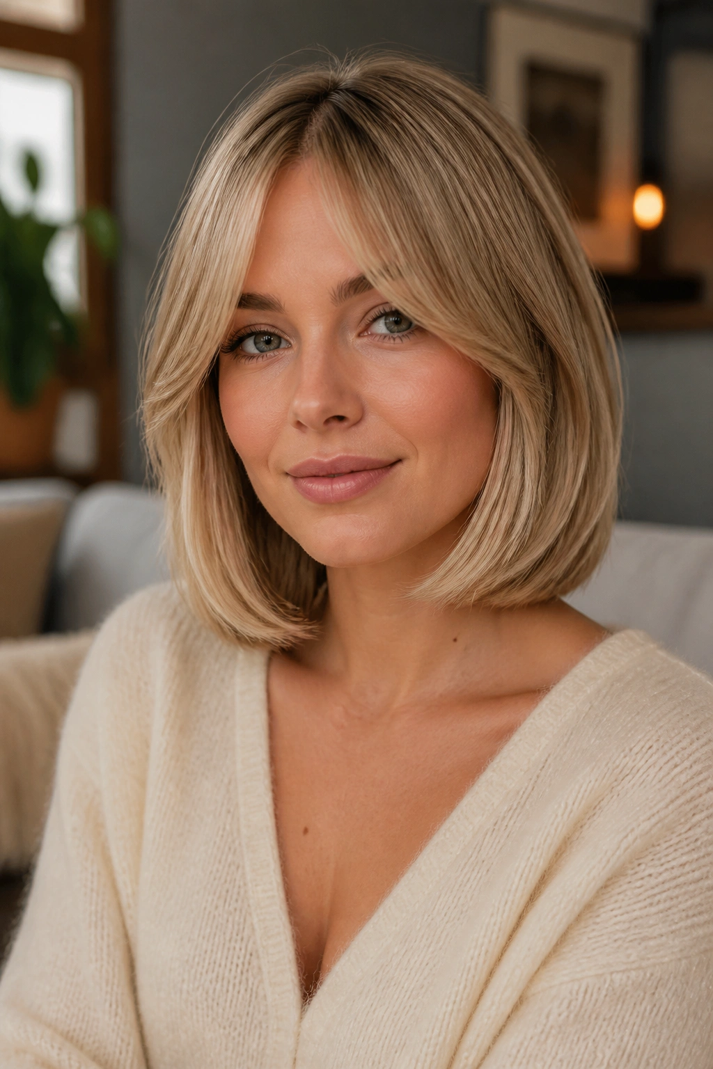 Real woman with beige blond shoulder-skimming bob and curtain bangs in warm living room