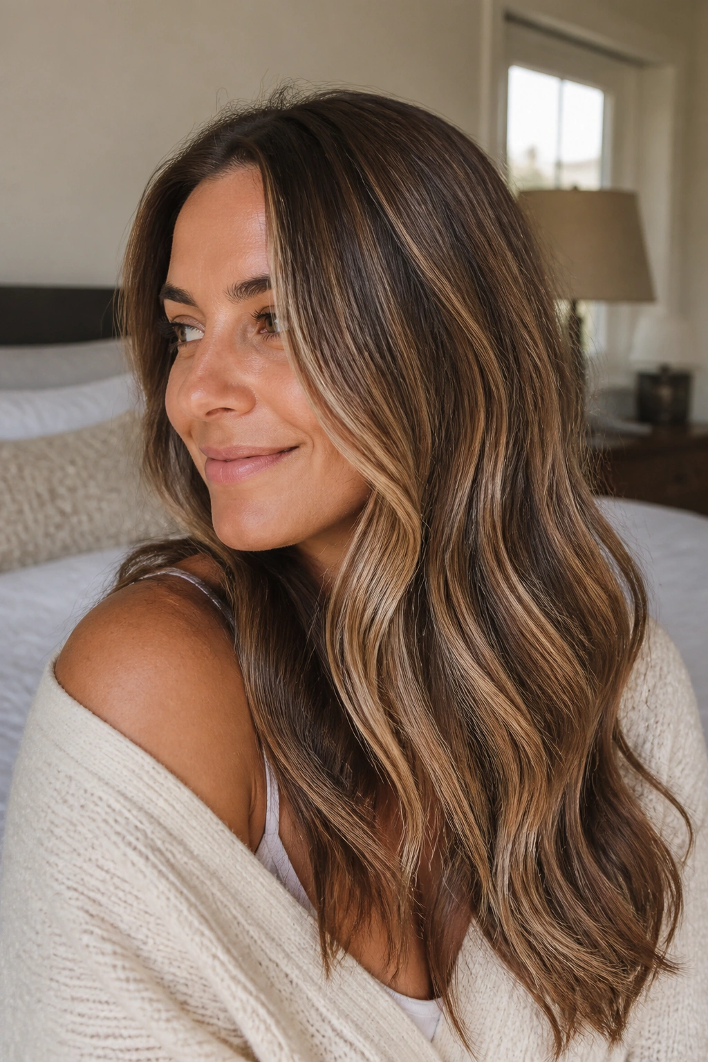 Close-up of a real woman with beige blond highlights on brown hair