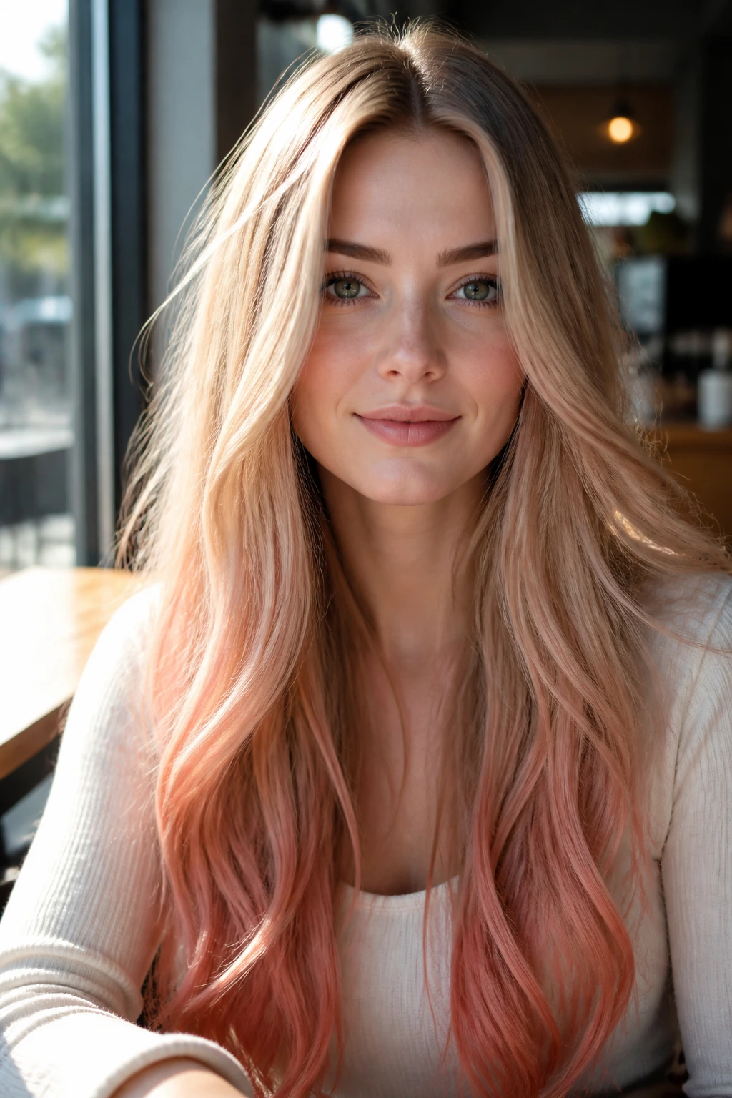 Close-up of long beige blonde hair with apricot-rose ends on a real person
