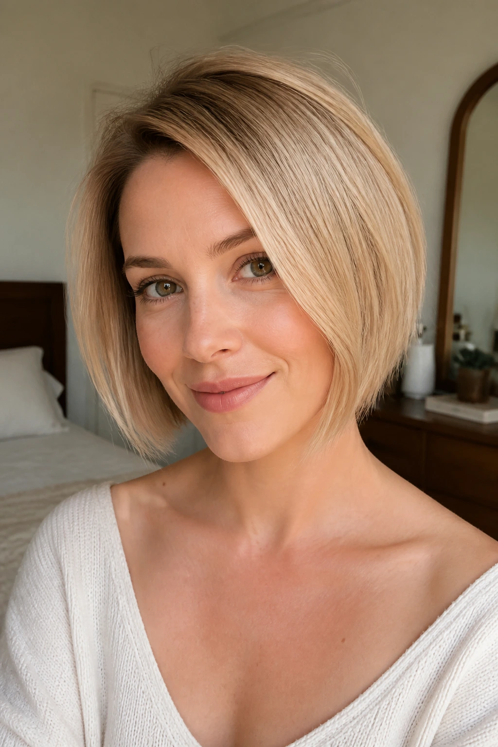 Close-up of a real woman with chin-length asymmetrical beige blonde bob, soft lighting
