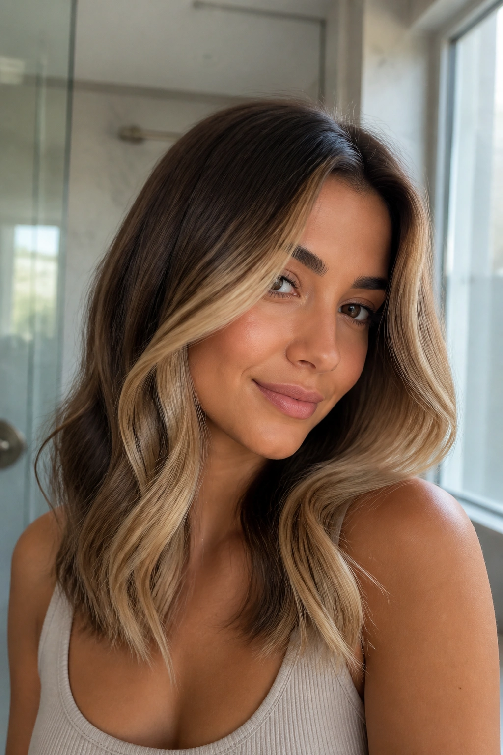 Portrait of a woman with beige blonde face-framing balayage on medium brown hair.