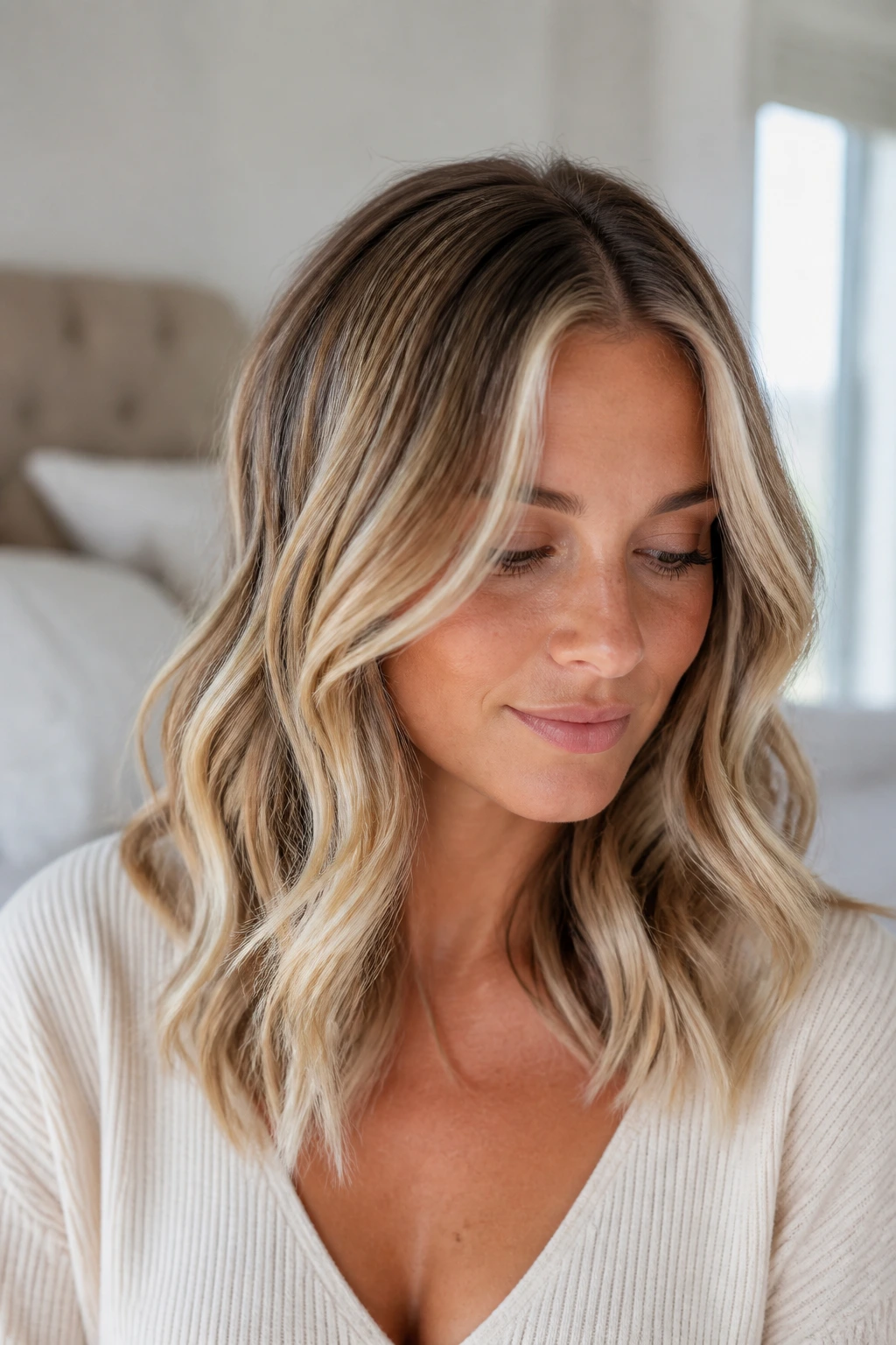 Close-up of a real woman with beige blonde balayage on medium waves under soft window light