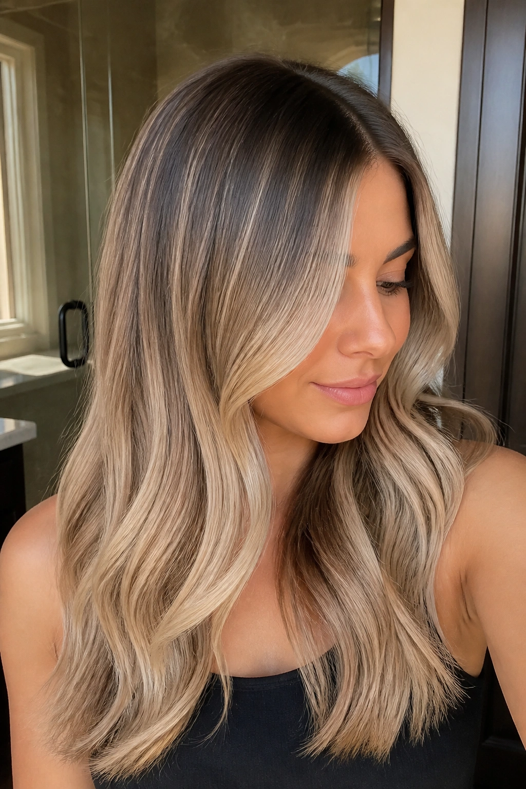 Close-up of a real woman with dark shadow root and beige-blonde balayage.