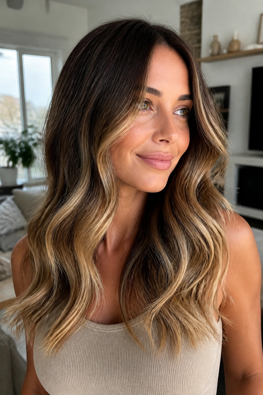 Close-up of a real woman with beige blonde balayage for soft dimension