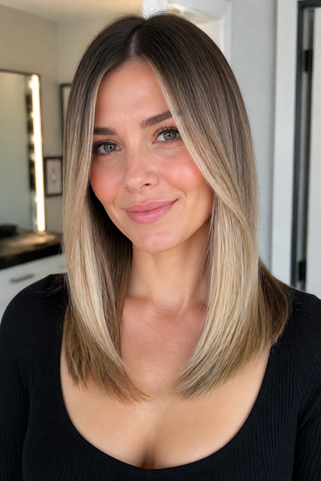 Close-up of real person with straight hair and beige blonde balayage.
