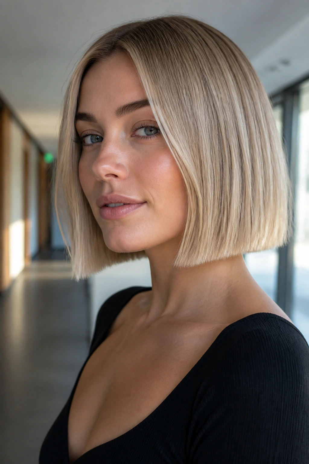 Close-up of beige blonde blunt bob on a real person