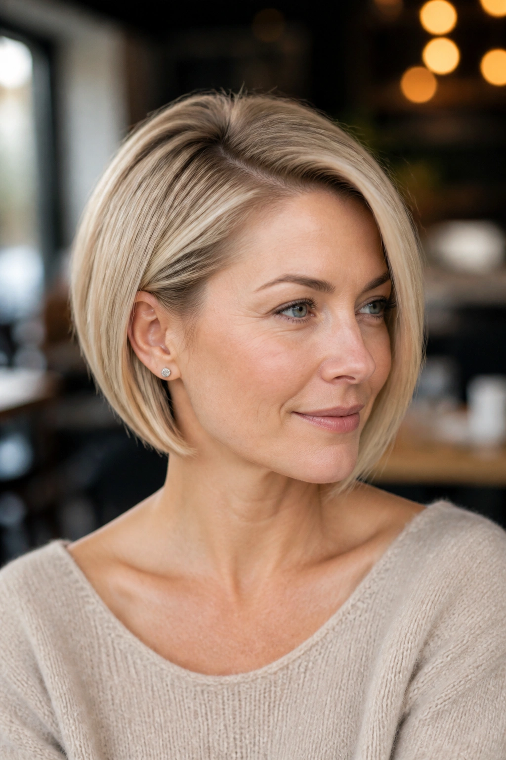 Real woman with creamy beige side-part bob showing off off-center part and lift