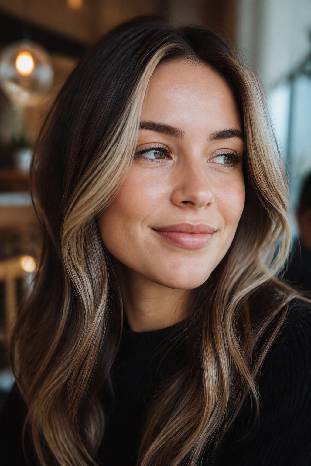 Portrait of a cool brunette with beige blonde front slice in soft cafe lighting