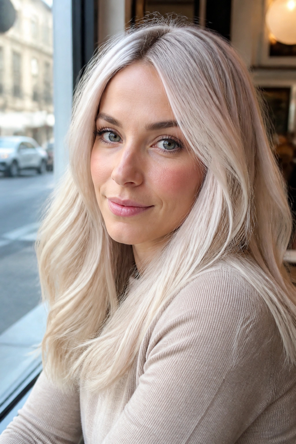 Close-up portrait of a real woman with ultra-light beige blonde hair.