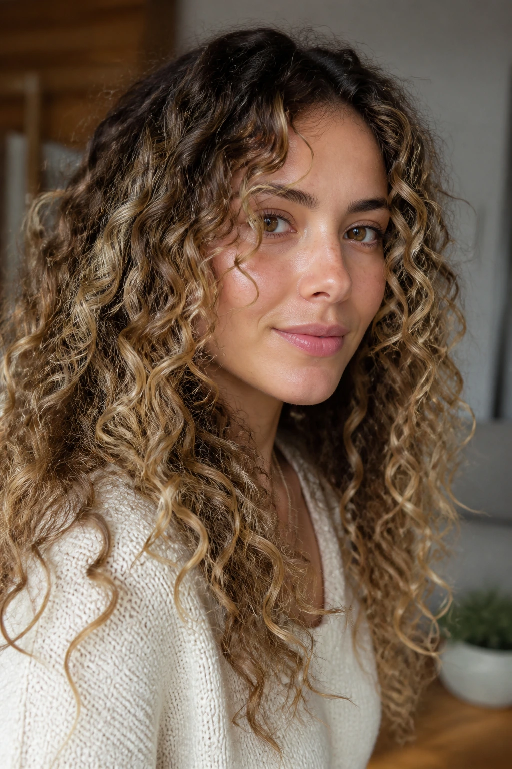Close-up of curly hair with beige blonde highlights under soft natural light