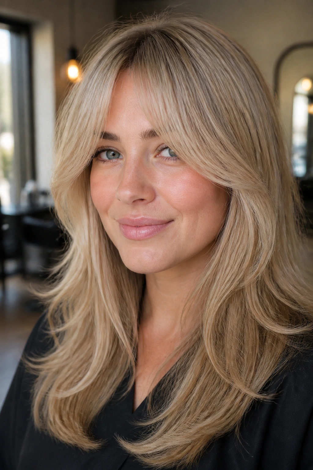 Close-up portrait of beige blonde long curtain bangs on a real woman with a round face, natural window light
