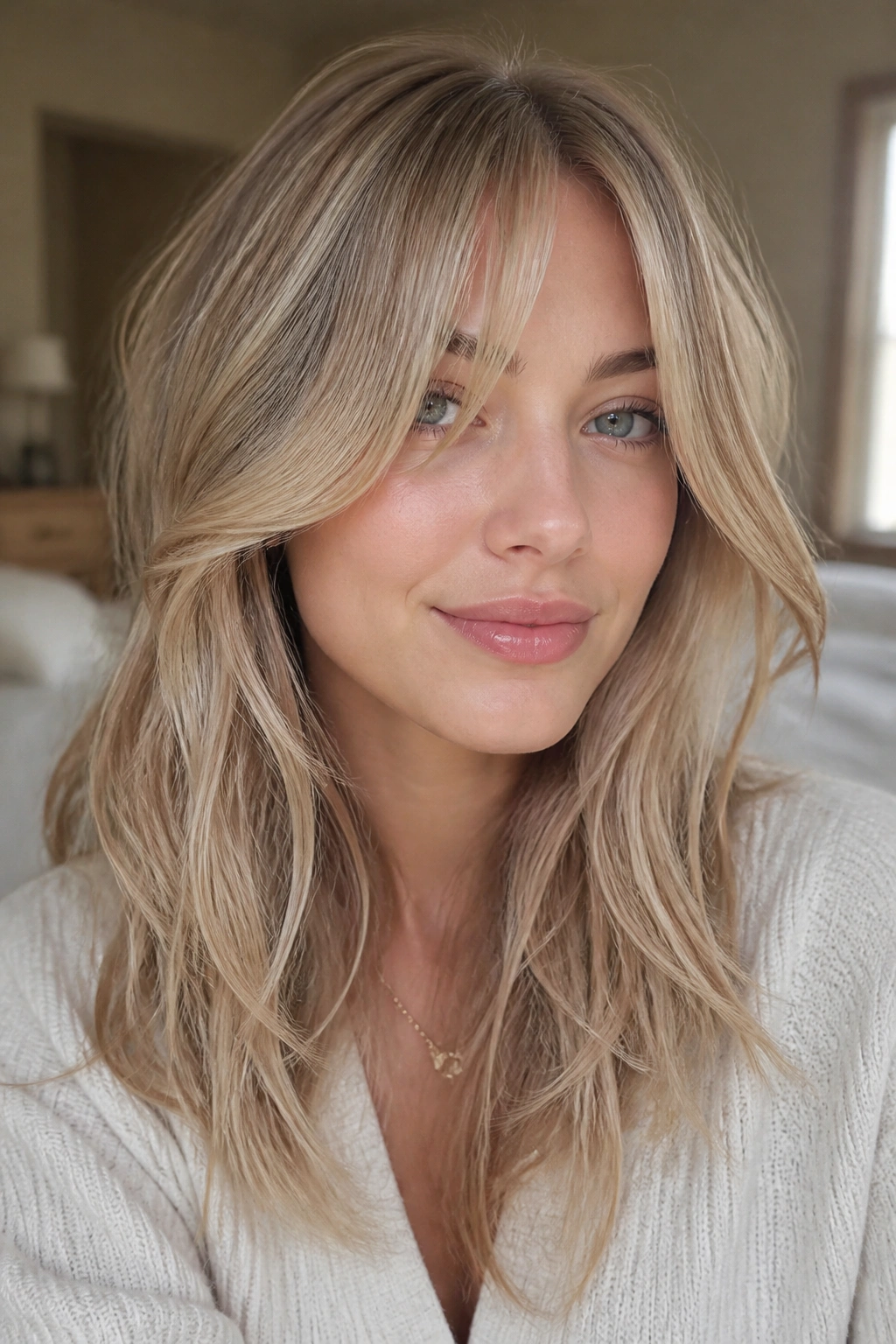 Close-up portrait of a real woman with beige blonde hair and curtain bangs in soft window light.