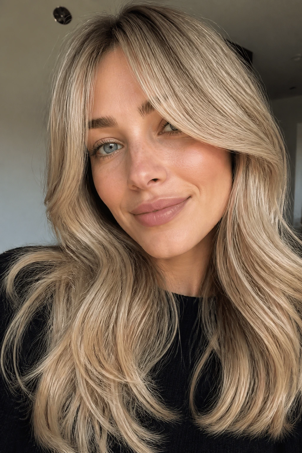 Close-up of a real woman with beige blonde curtain bangs