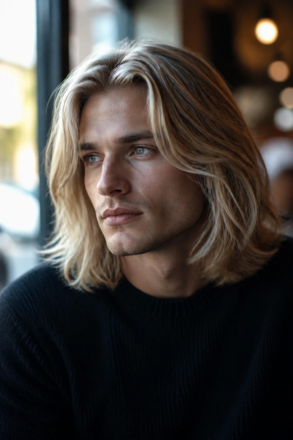 Real man with long beige blonde hair parted in the middle, framed by curtains