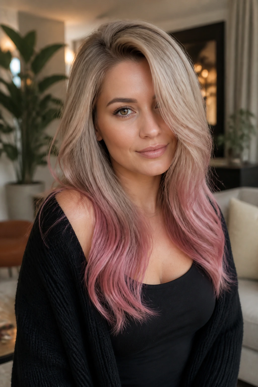 Portrait of a real woman with beige blonde deep side part and rose ombre