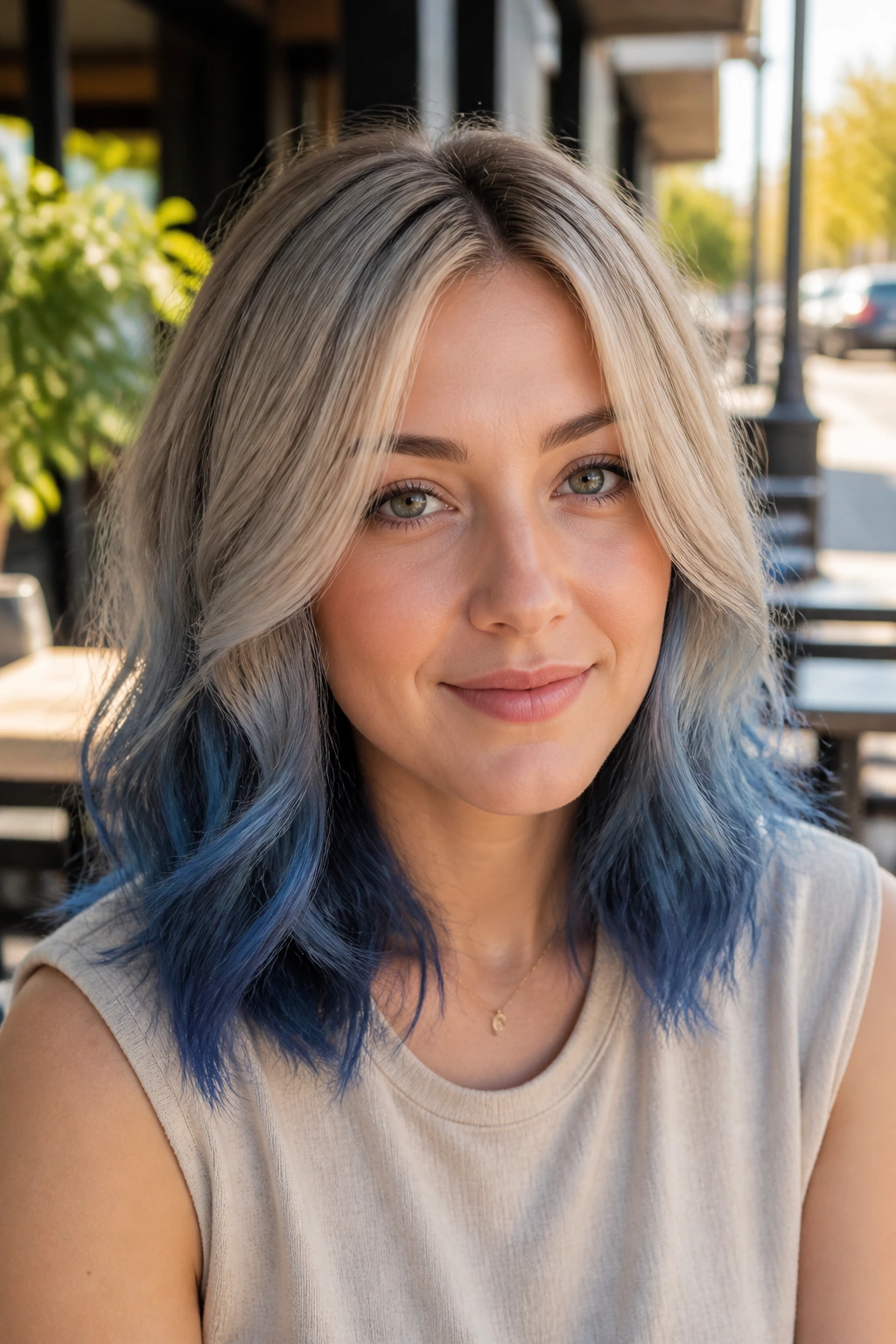 Portrait of a woman with beige blonde hair and denim blue ends