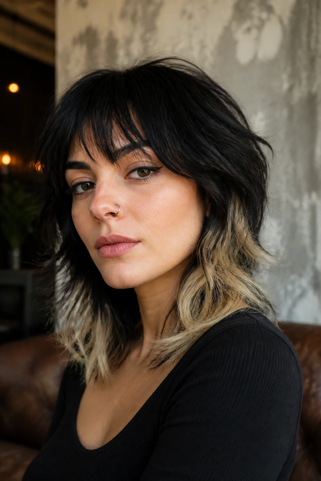 Close-up portrait of beige blonde ends on a black shag hairstyle.