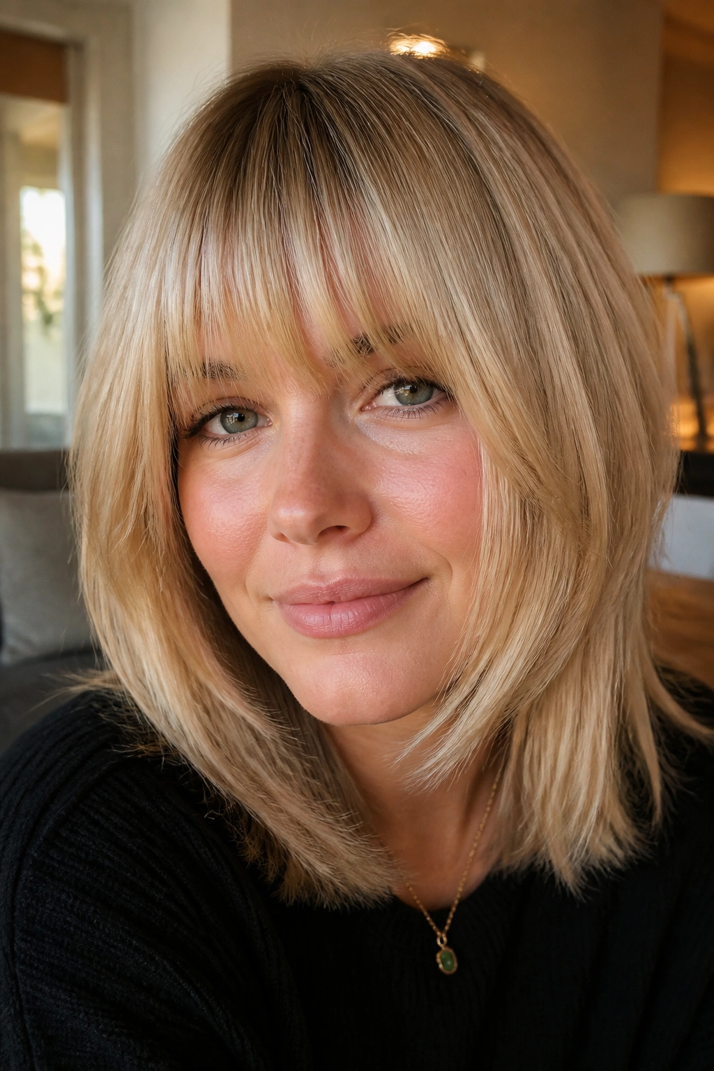 Portrait of a real woman with beige blonde heavy fringe and cheek-length layers.