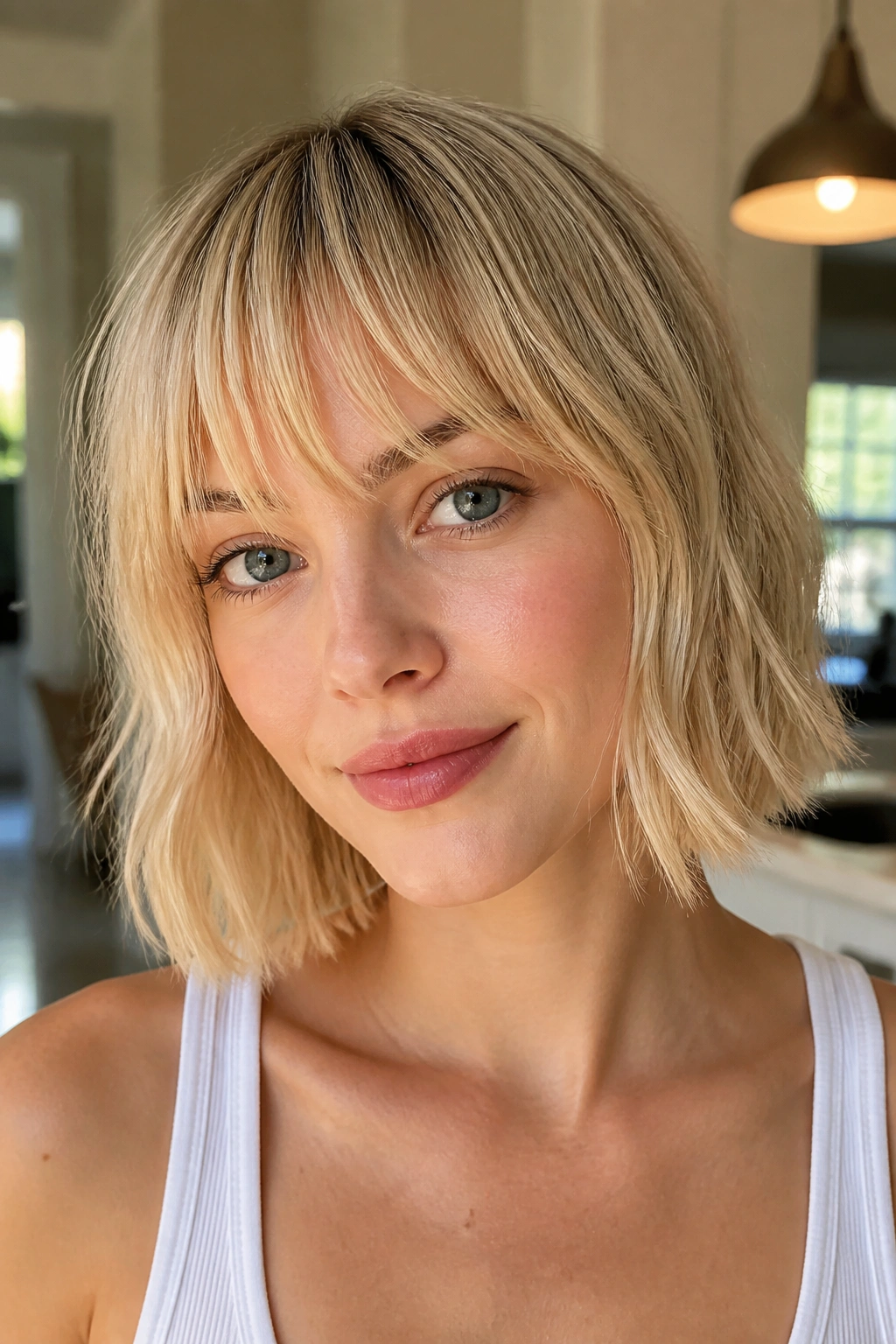 Close-up of a real person with beige blonde bob and airy fringe in warm daylight