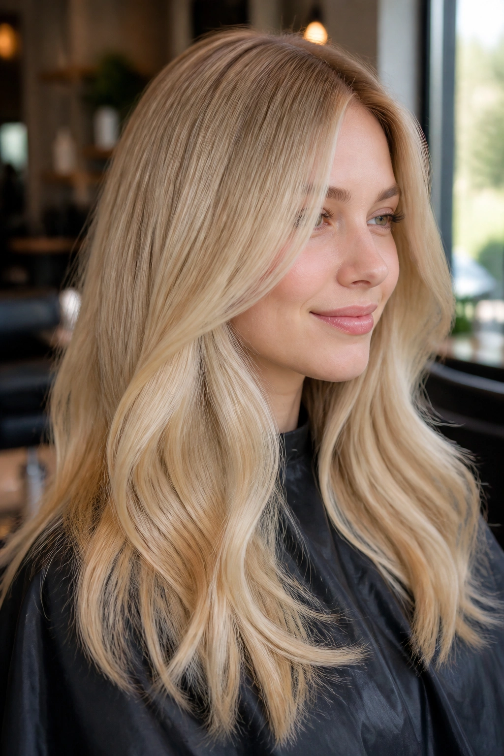 Close-up portrait of a real woman with creamy beige buttery blonde hair in warm salon light
