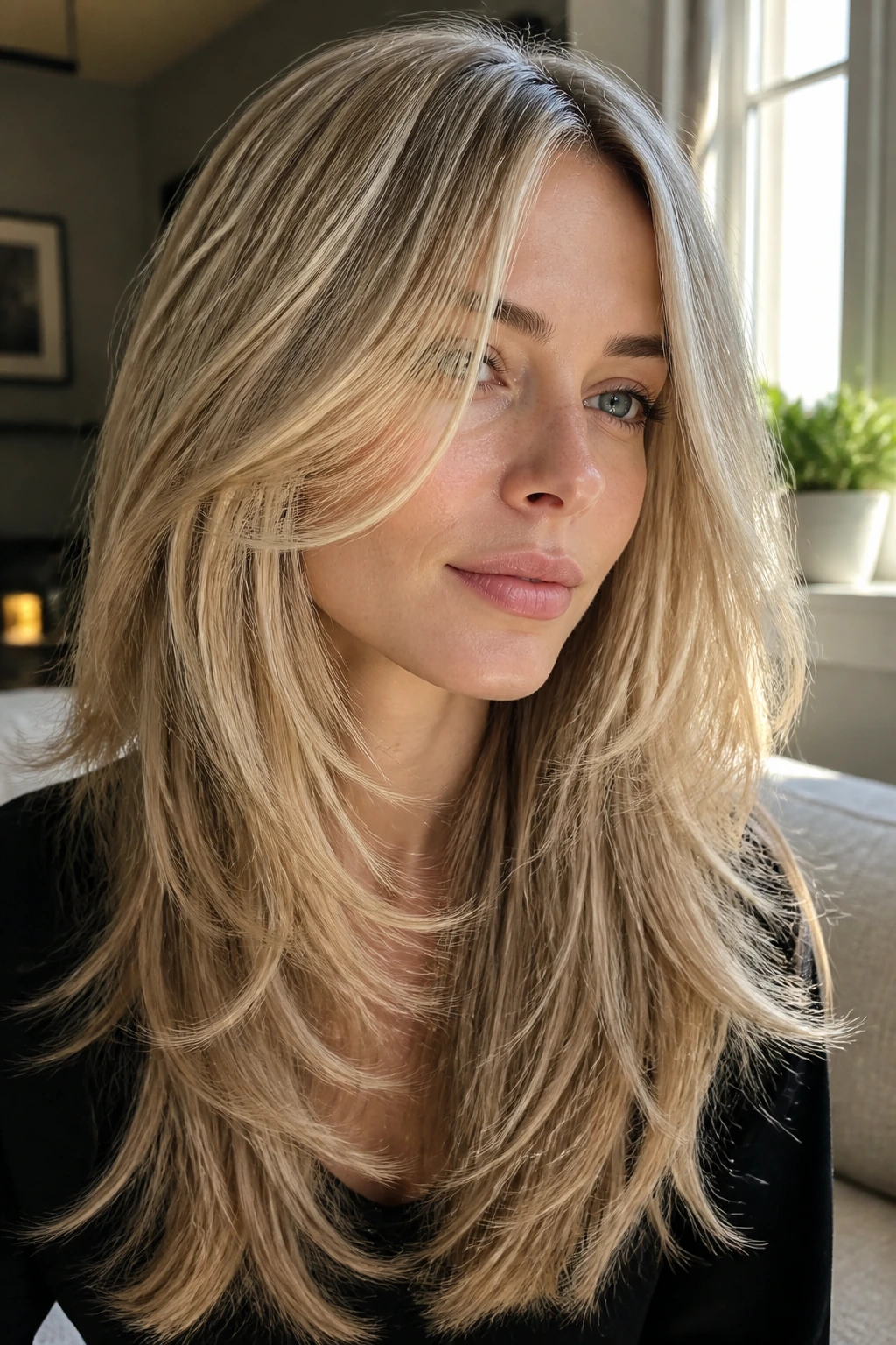 Portrait of a real woman with long layered beige blonde hair and airy ends