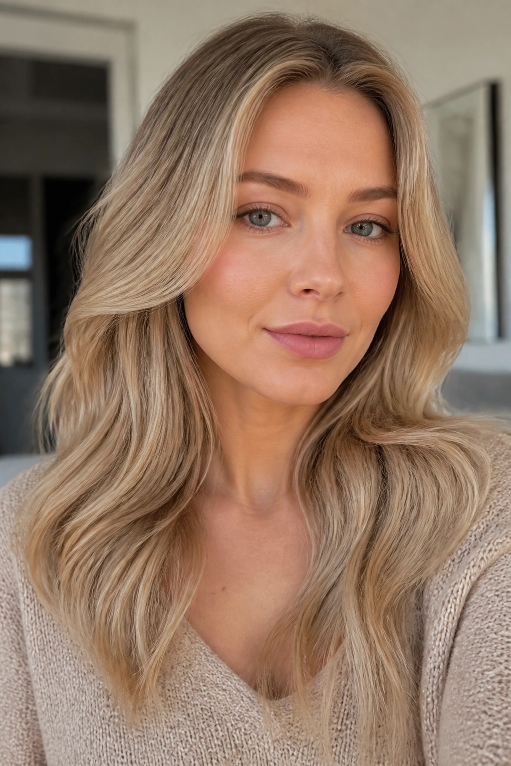 Portrait of a woman with beige blonde hair in natural light