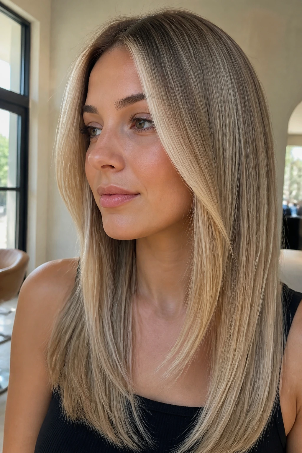 Portrait of a real person with beige blonde hair and face-framing highlights.