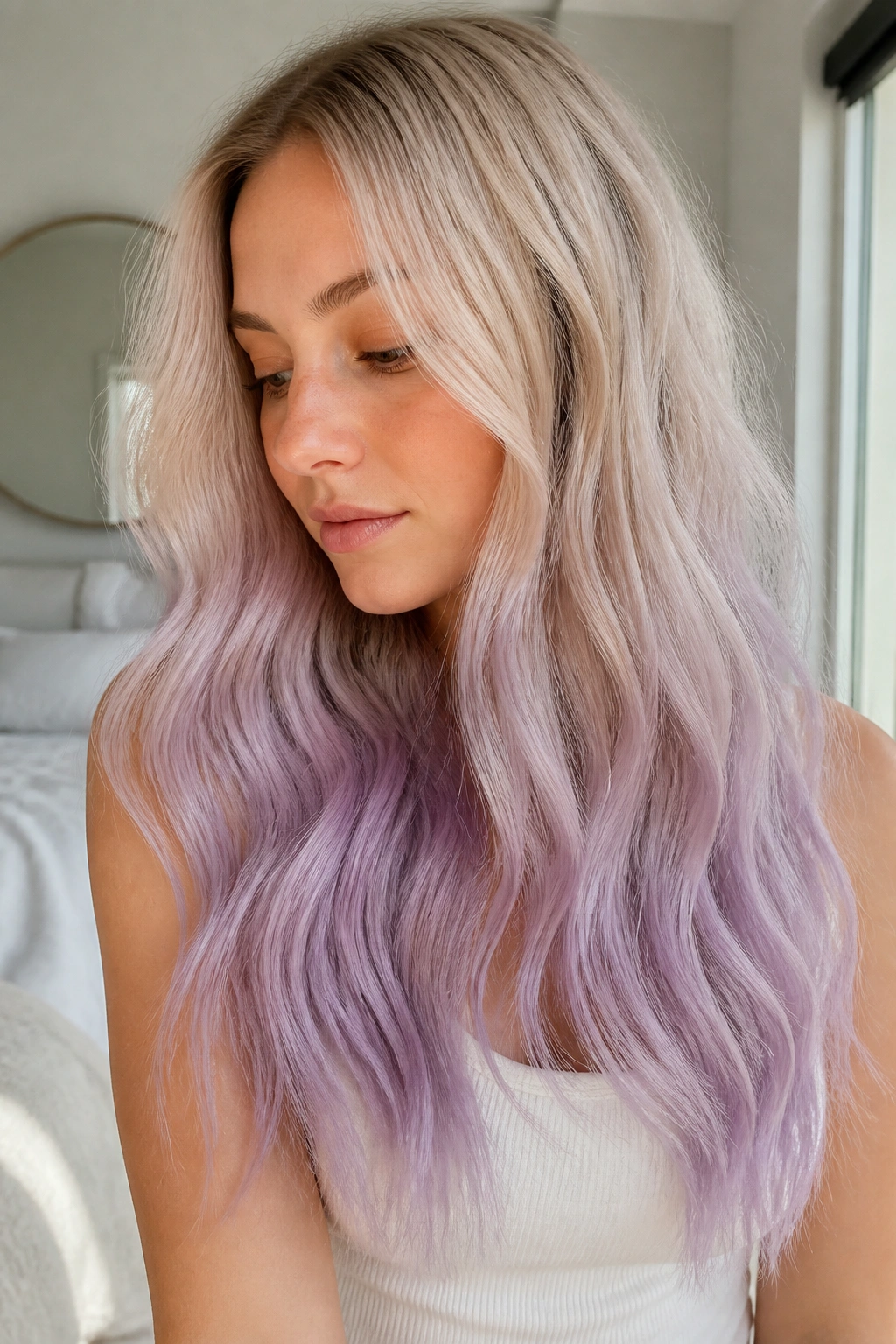 Close-up of beige blonde to icy lavender ends on long waves