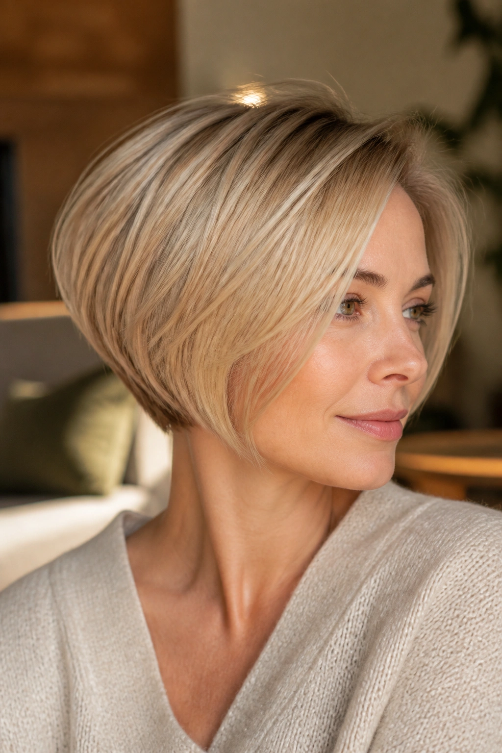 Close-up portrait of a real woman with a beige blonde rounded inverted bob and tucked nape