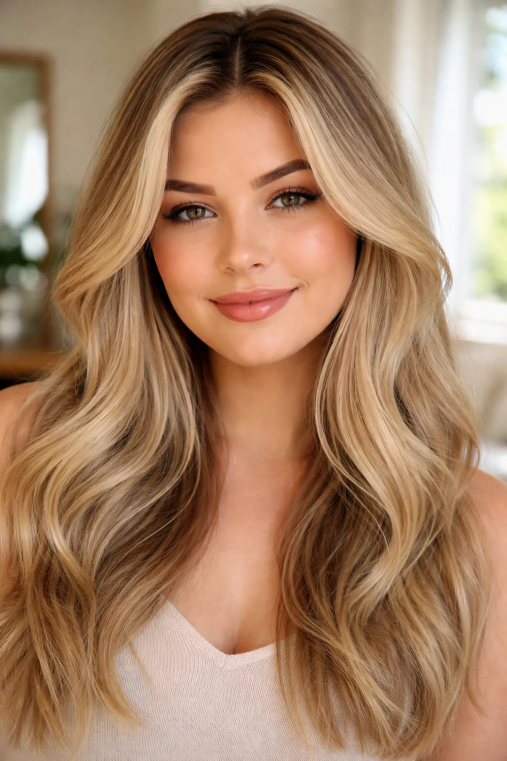 Portrait of a real woman with beige blonde and lifted front with soft root melt.