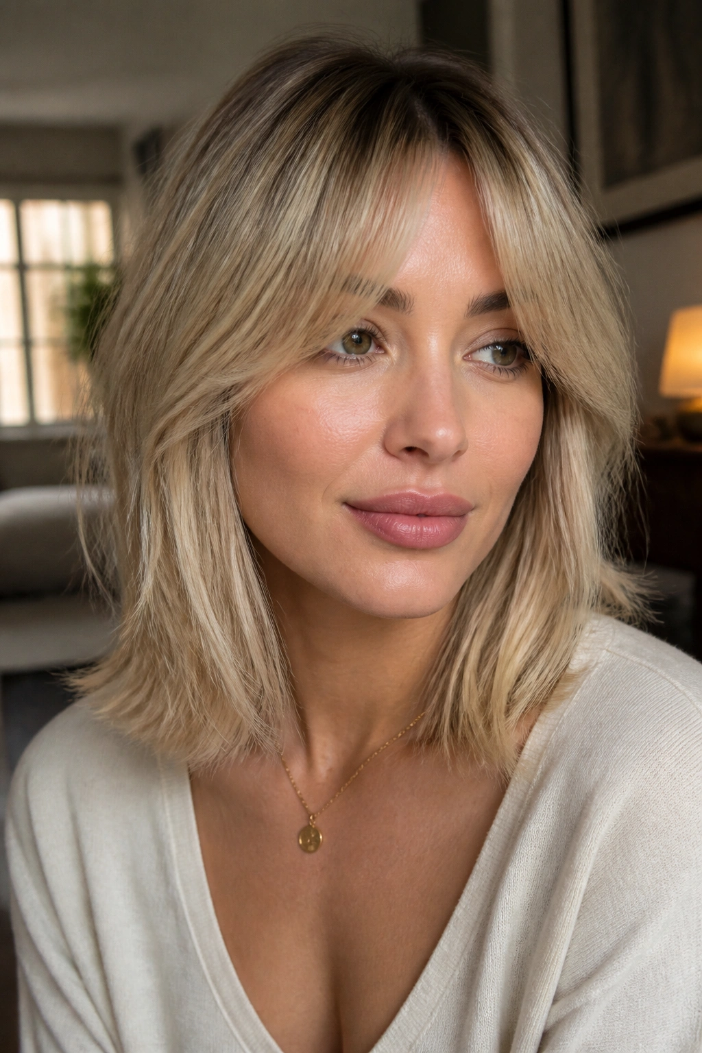Close-up portrait of a real woman with a collarbone-length beige blonde lob and curtain bangs