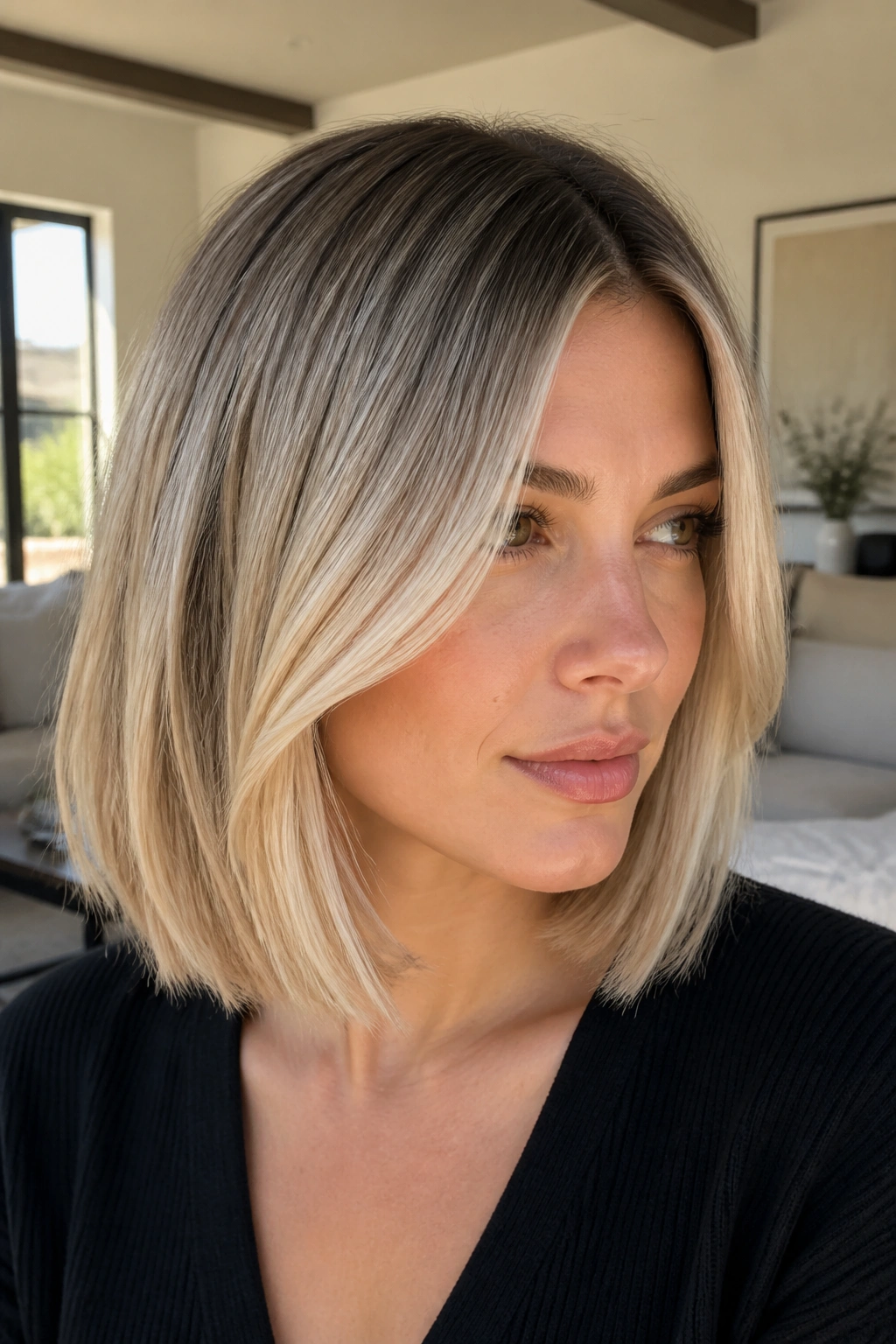 Portrait of a real woman with beige blonde lob and root melt.