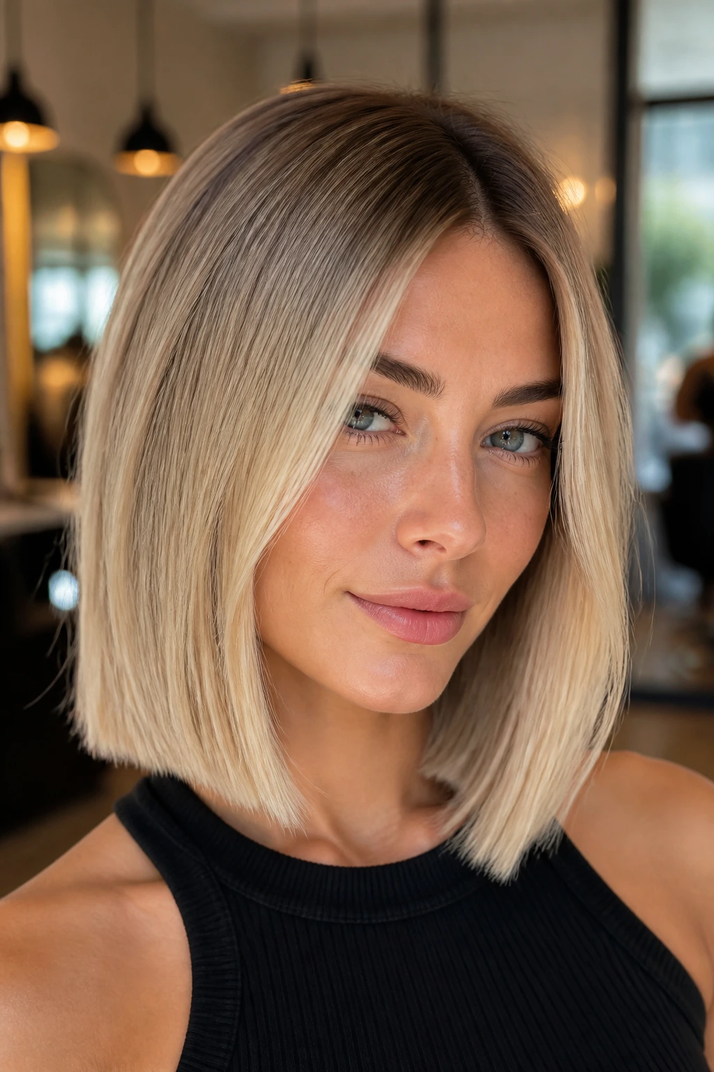 Close-up portrait of beige blonde lob with shadow root on a real woman in a warm salon setting