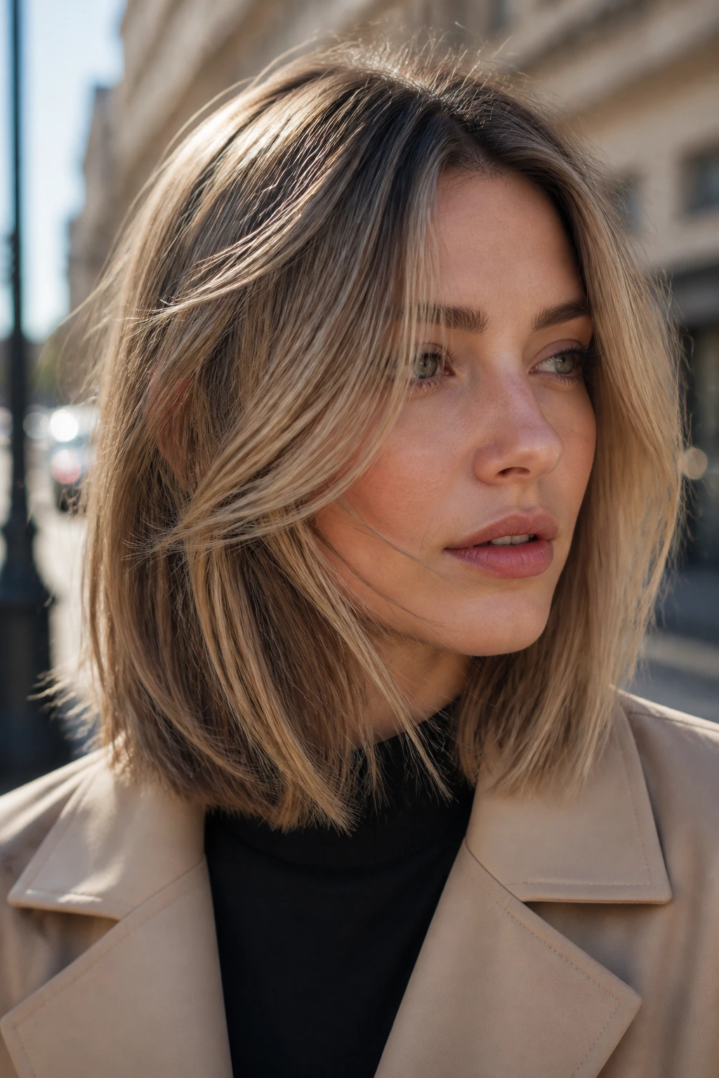 Close-up portrait of beige blonde lob with smoky depth under the top layer