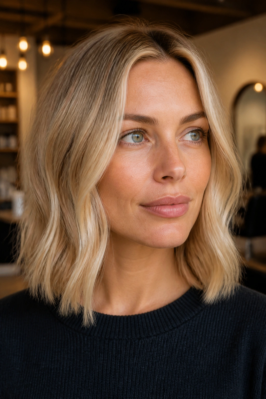 Close-up portrait of a woman with beige blonde lob and subtle waves
