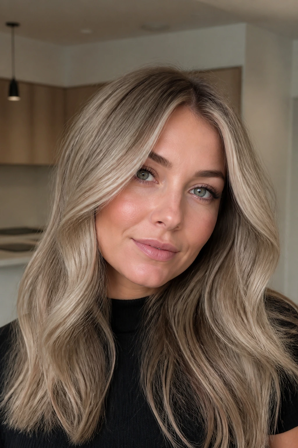 Portrait of a real woman with beige blonde hair and lowlights for depth