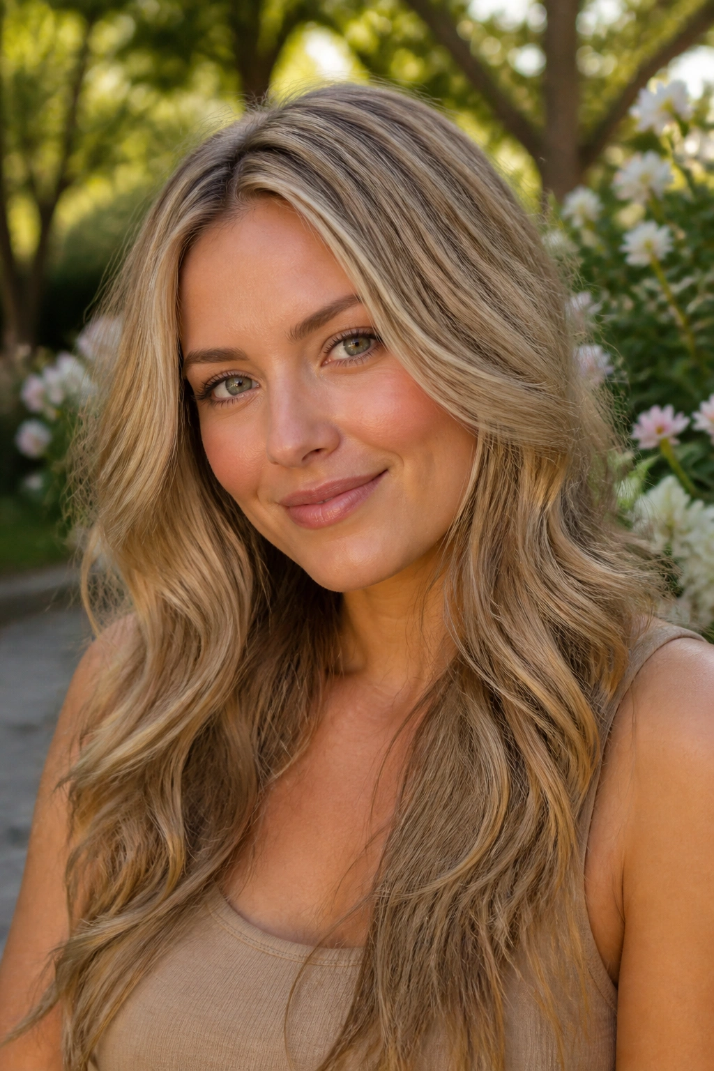 Close-up of a real woman with beige blonde hair and subtle smudged lowlights for depth in golden hour light.