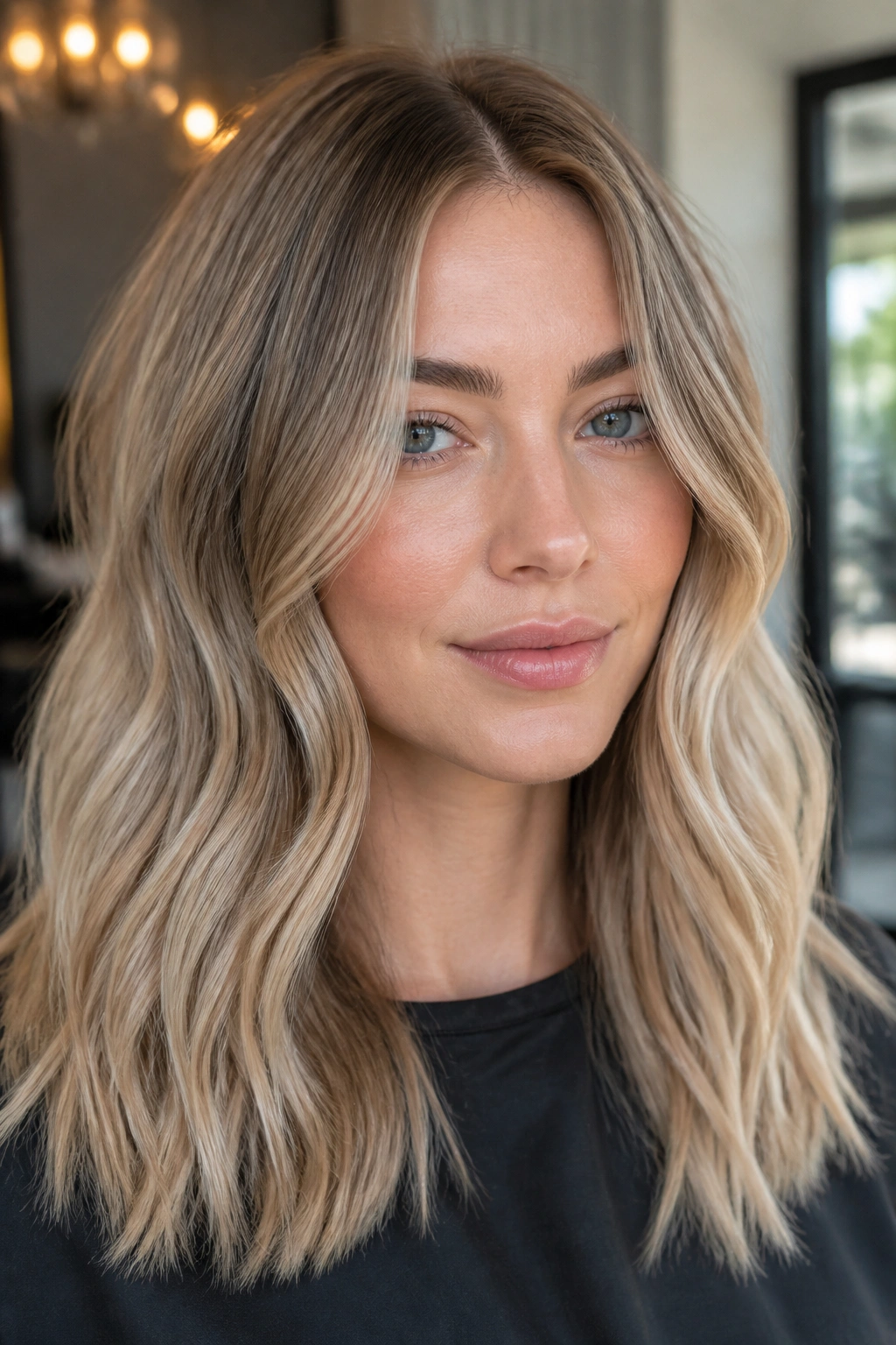 Close-up portrait of a real woman with beige blonde hair and ash-brown face-framing lowlights.