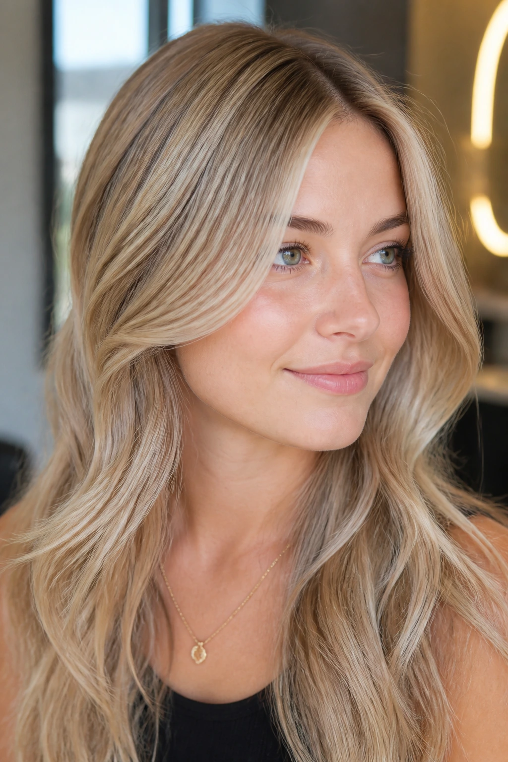 Close-up of beige blonde hair with pale lowlights on a real person