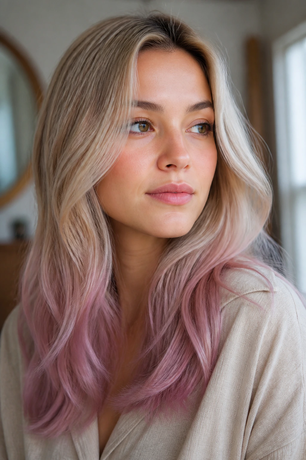 Portrait of a real woman with soft beige blonde and mauve cloud ends.