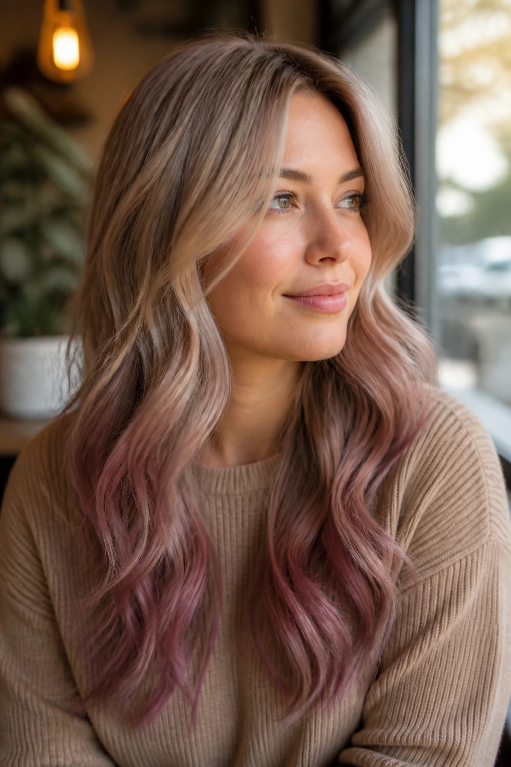 Close-up of a real woman with beige blonde base and mauve waves
