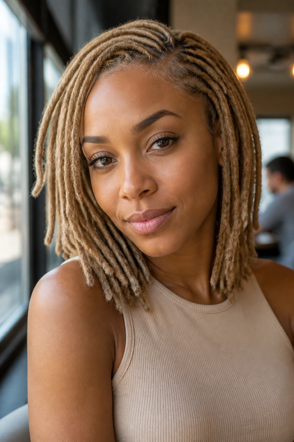 Close-up of a real Black woman with beige blonde medium locs in cafe window light