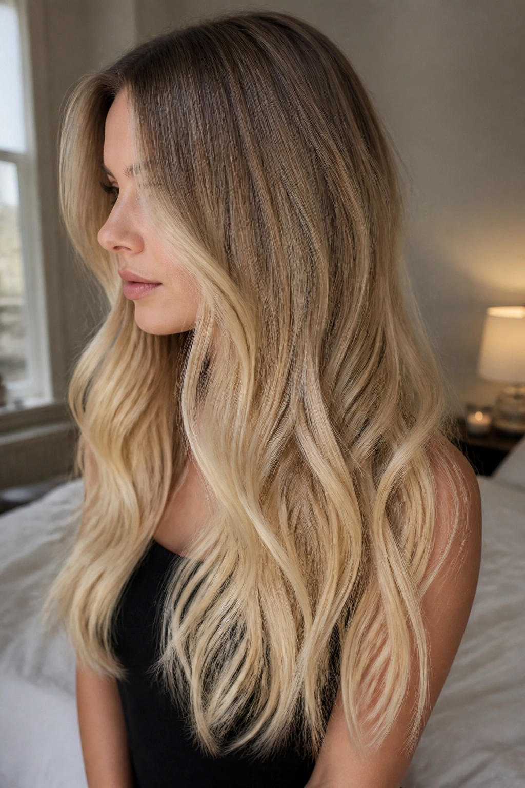 Close-up of a real woman with beige blonde shadow melt on long layered hair.