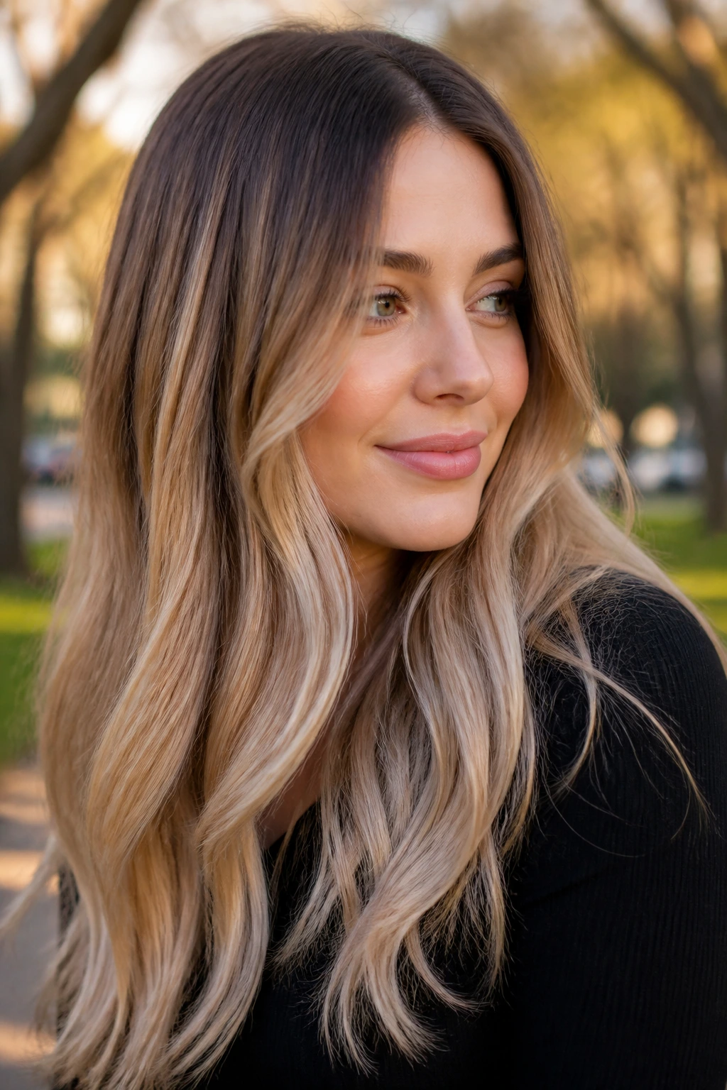 Close-up portrait showing beige blonde ombré gradient from roots to ends
