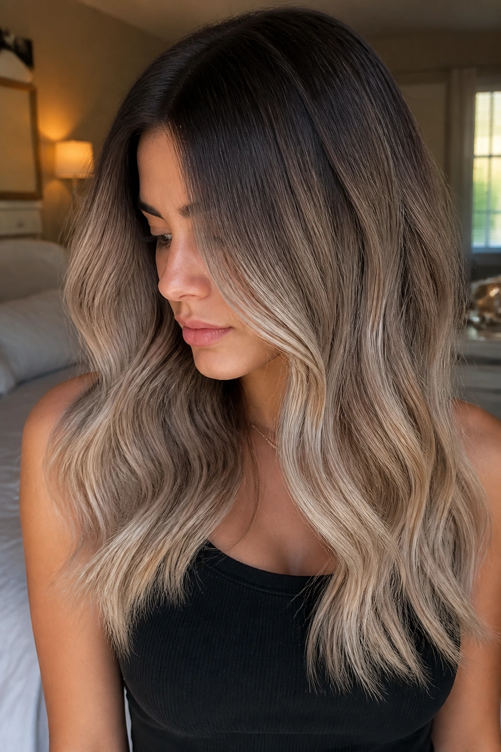 Close-up portrait showing beige blonde ombré over dark brunette roots on a real woman.